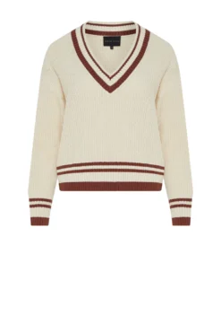 Beżowy sweter z dekoltem w szpic z bawełną i lnem