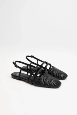 Czarne buty sling back ze skóry plecionej