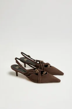 Czekoladowe buty slingback z zamszowej skóry