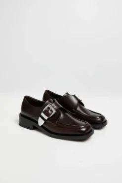 Czekoladowe skórzane półbuty monki z klamrą