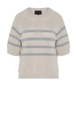 Lniany beżowy sweter w szare paski