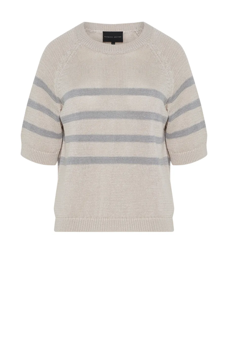 Lniany beżowy sweter w szare paski