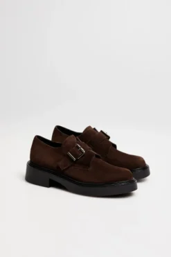 Monk shoes z brązowej skóry zamszowej