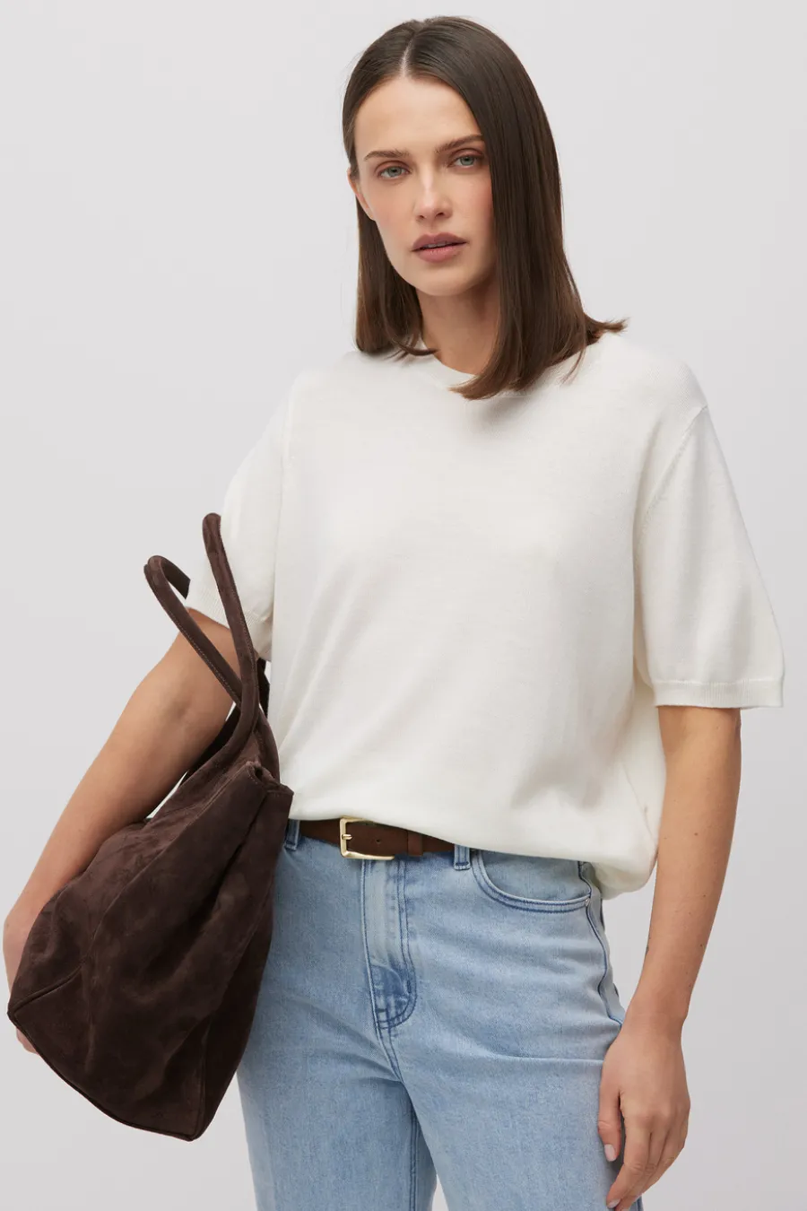 Wełniana bluzka off white z krótkim rękawem
